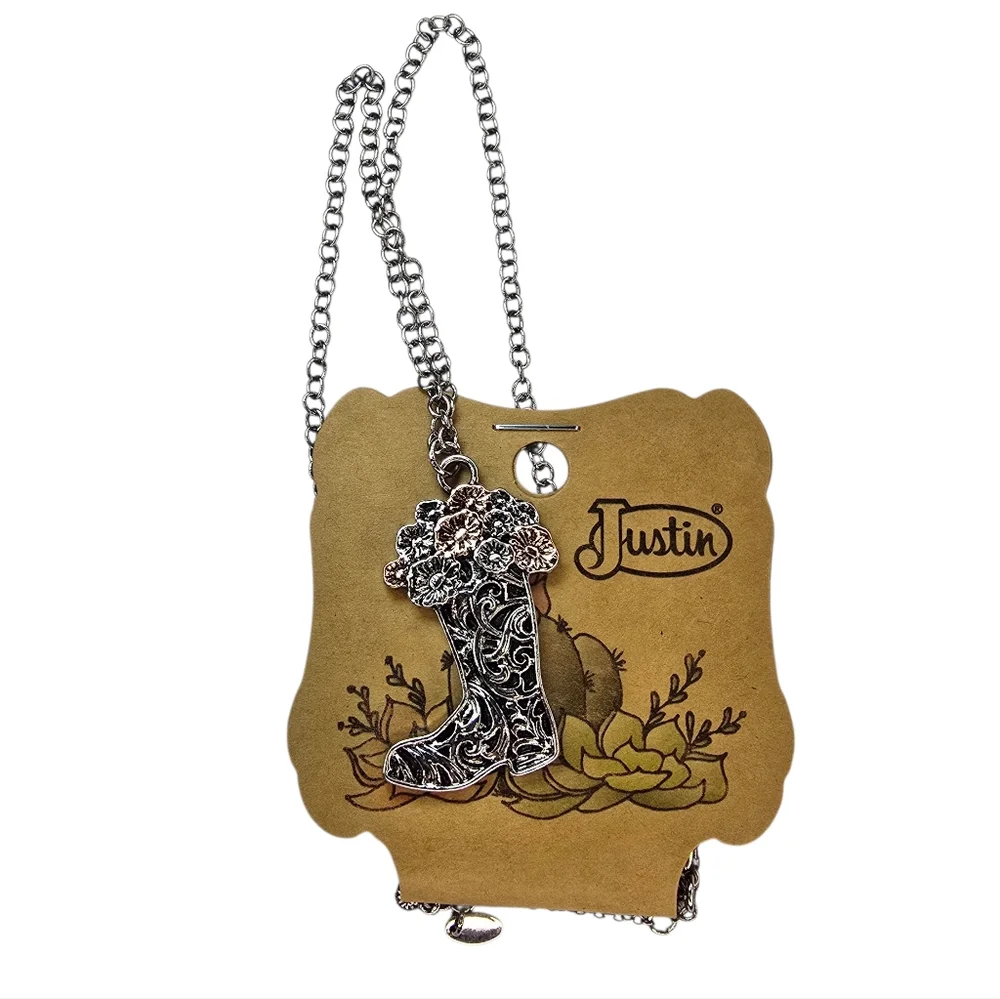 Justin Boots Silver And Rose Toned Cowgirl‎ Boot Pendant Necklace